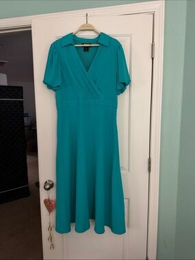 Dkny Teal V-Neck Wrap Midi Dress